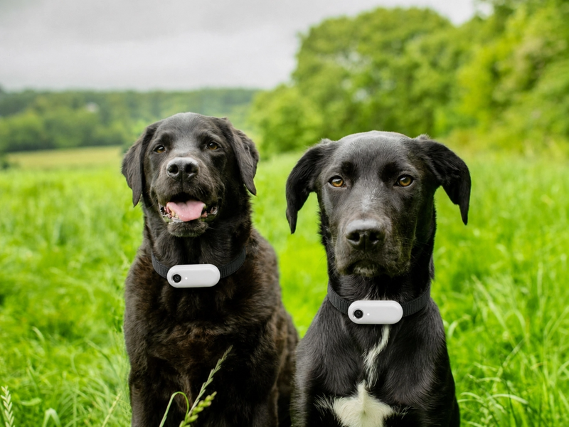 Two dogs wearing the pet collar camera outdoors